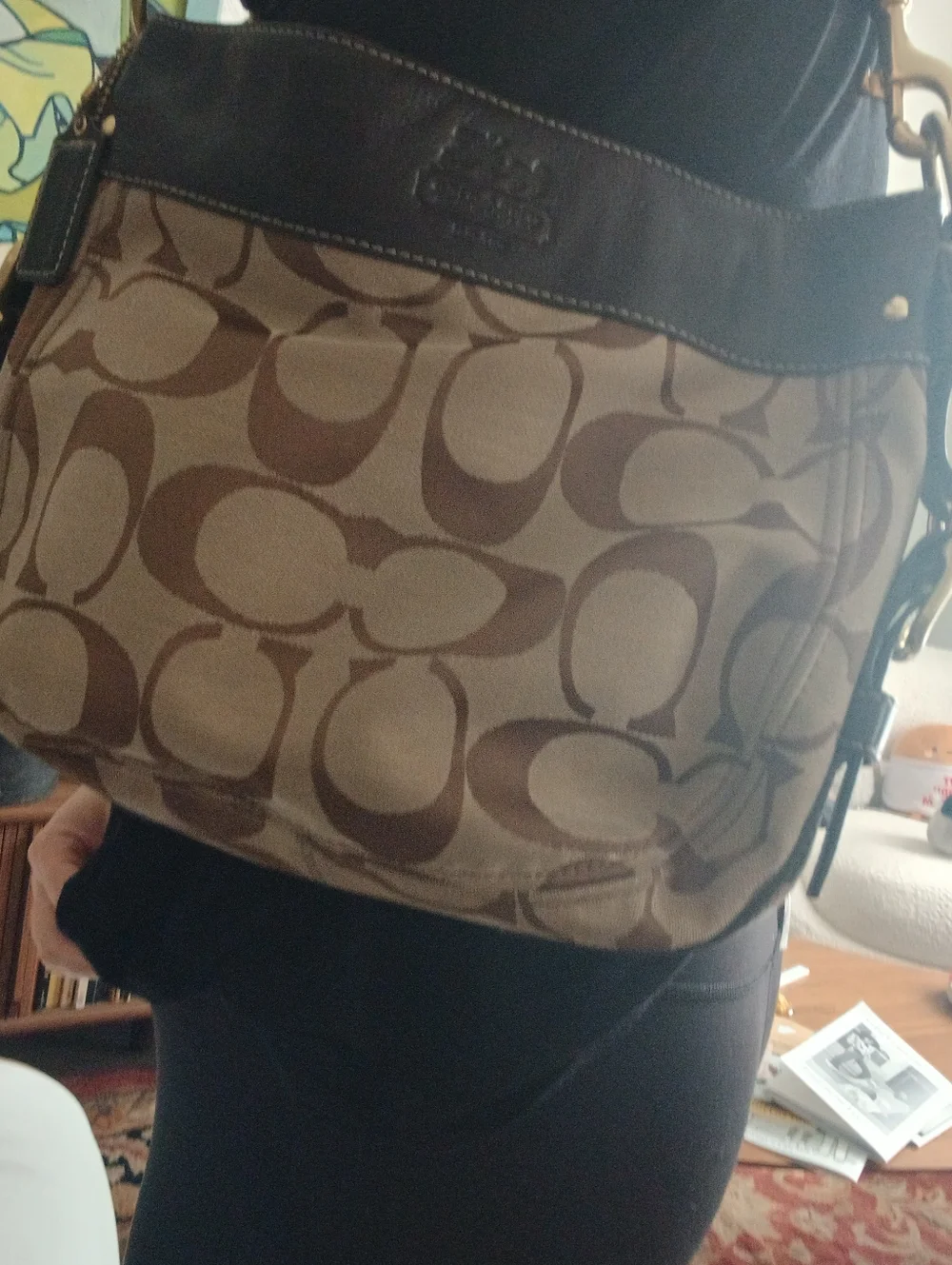 Coach Brown Signature Canvas Shoulder Bag with Dark Brown Leather Trim - Picture 6 of 8